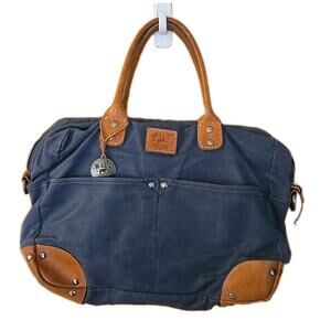 WILL Leather Goods Large Rustic Weekender Blue Leather Tote Bag Purse